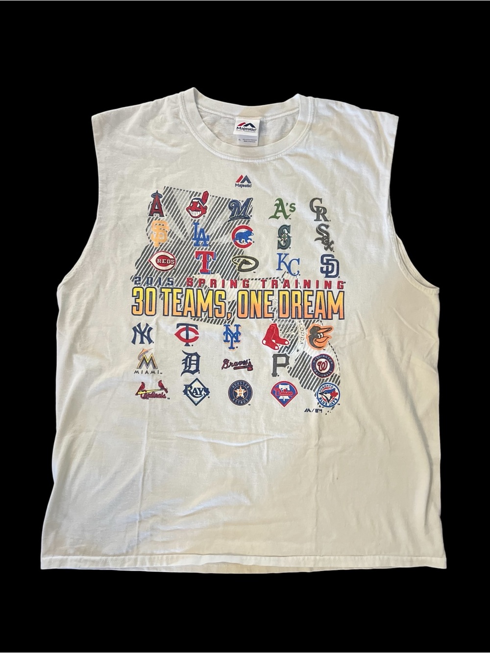 Vintage Majestic White muscle tee with the 30 MLB teams from 2015 Sz XL